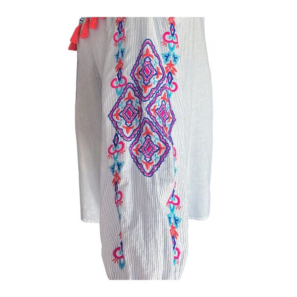 Chico's Blue White Stripe Popover Top Embroidered Beaded Tassels Size XL/16 Boho - Picture 8 of 13